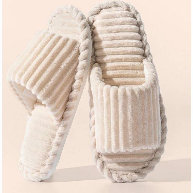 SHEIN Women&#39;s Minimalist Bedroom Slippers, Fashionable Indoor Chenille Striped Open-Toe Slippers For Men, Suitable For Autumn, Winter, All Seasons, Couple H