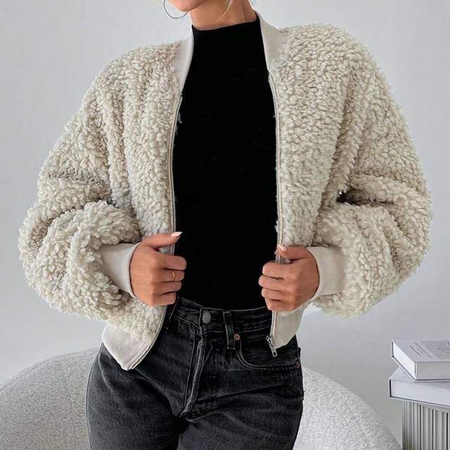 Firerie Women Casual Minimalist Fashionable Fluffy Lined Baseball Jacket, Leisure Wear, Apricot Color, Autumn/Winter