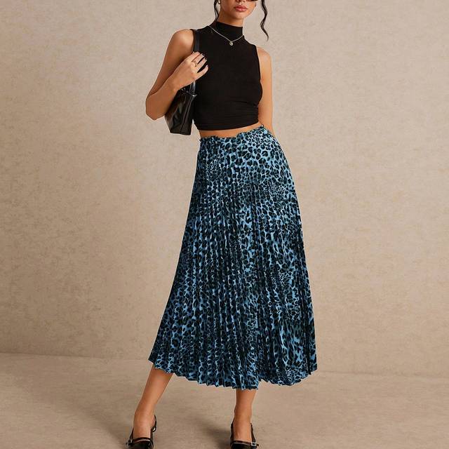 PoÃ©selle Women&#39;s High Waist Leopard Print Pleated Skirt, Fashionable