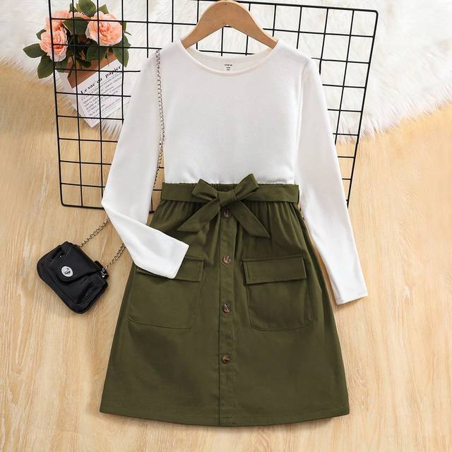 SHEIN Tween Girls Velvet Turtleneck Long Sleeve Patchwork Utility Half Dress, Fashionable Layered Bodycon Midi Dress For Winter