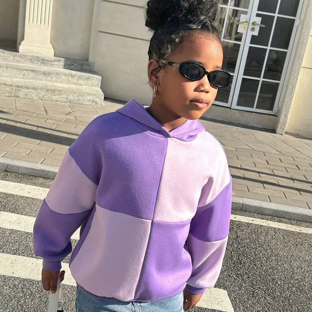 SHEIN Tween Girls Casual Patchwork Hoodie Pullover Sweatshirt, Long Sleeve