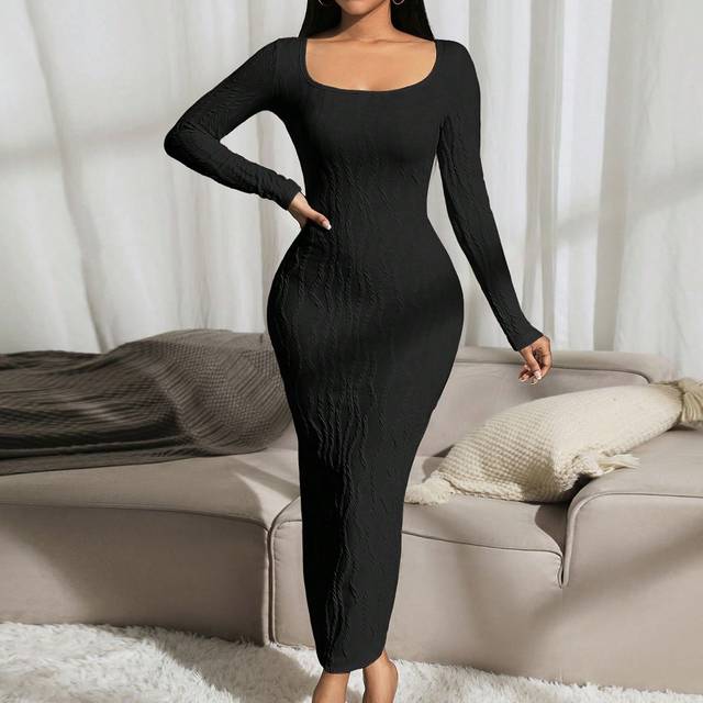 SHEIN Tan Cable Knit Round Neck Long Sleeve Dress, Autumn/Winter