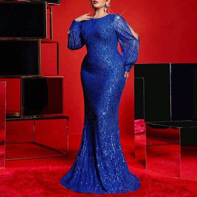 Glamrae Plus Size Elegant Romantic Luxury Rhinestone Embroidered Sheer Slit Sleeve Formal Gown, Formal Dinner Dress
