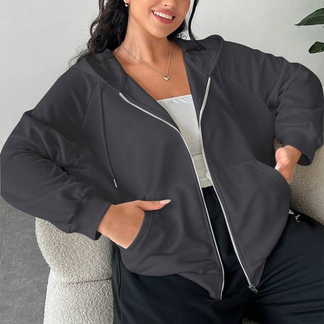 SHEIN Plus Size Women Grey All-Match Versatile Casual Hooded Long Sleeve Hoodie Sweatshirt, Suitable For Autumn/Winter