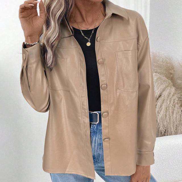 SHEIN Women&#39;s Black PU Street Rock Casual Stylish Long Sleeve Regular Jacket, Autumn/Winter