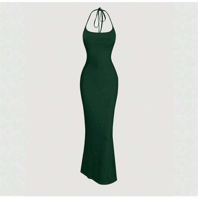 Sweetra Women Elegant Solid Color Slim Fit Halter Dress Maxi Women Outfit