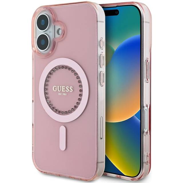iPhone 16 Guess IML Rhinestones Ring Skal - MagSafe-kompatibel - Vit