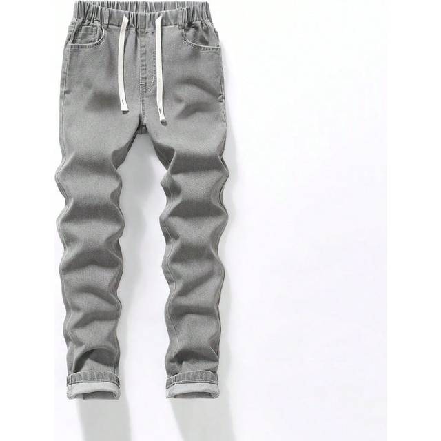 SHEIN Teen Boys All-Match Elastic Waist Drawstring Casual Comfortable Stretch Light Gray Jeans, School, Campus, College Chic Outfits For Autumn/Winter