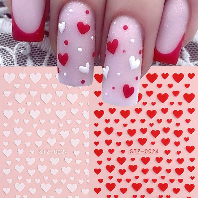 SHEIN Valentines Nails 2 Packs Heart Valentine&#39;s Day Nail Stickers, White Red Cute Heart Shape Romantic Nail Art Decoration Self-Adhesive Nail Art Decals Na