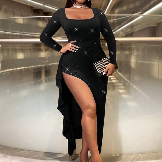Viva Relle Plus Size Metallic Fabric Square Neck Long Sleeve High Slit Ruffle Hem Fitted Dress, Suitable For Date/Party Maxi Women Outfit