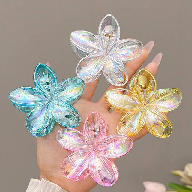SHEIN 4pcs/1pc Y2K Flower Shape Holographic Mermaid Hair Clips, 8cm/3.15&#34; Big Size, Pink, White, Blue, Yellow, Lightweight Plastic Fashion Versatile Elegant