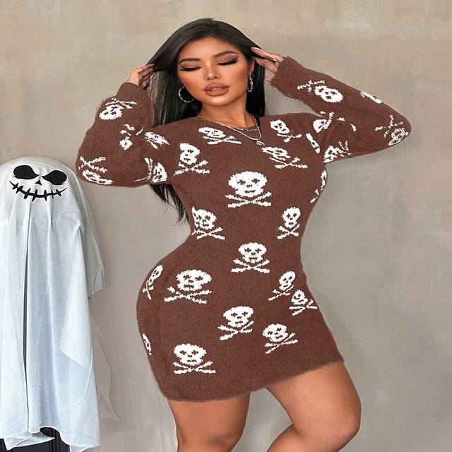 VaVaBold New Skull Print Skin-Tight Sexy Crew Neck Furry Distressed Long Sleeve Sweater Dress For Halloween
