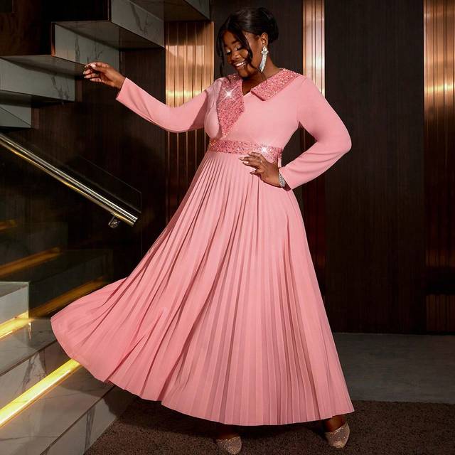 SHEIN Plus Size Spring Pink Easter Long Pleated Women Asymmetrical Sequined Collar High Waist Occasion Birthday Gorgeous Dresses For Festival Party, Wedding