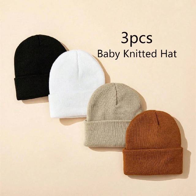 SHEIN 1/2/3pcs 0-24M Months Baby Hats Newborn Beanie Winter Warm Thicker Solid Color Knitted Hat Soft Elastic Baby Cap For Girls Boys Infant Bonnet Accessor