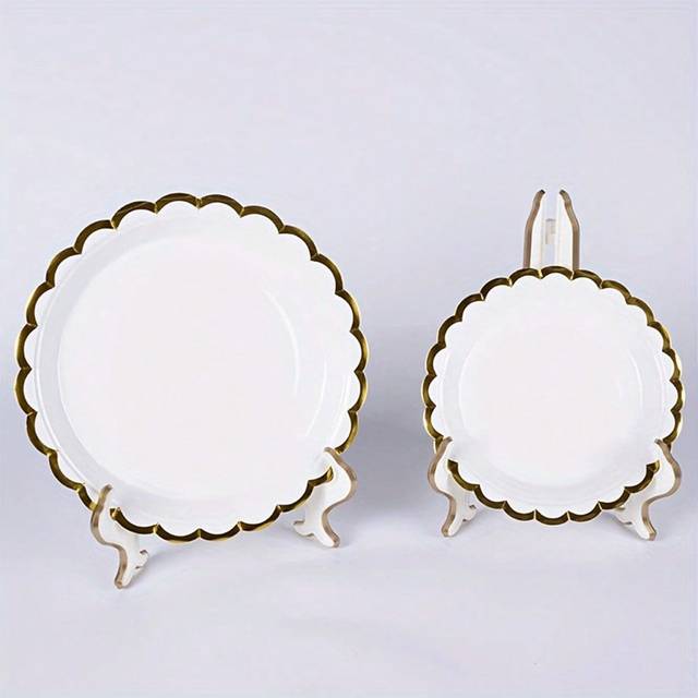 SHEIN 10pcs White And Gold Paper Plate Inch 9 Inch Ivory Scalloped Paper Plates With Gold Foil Disposable White Paper Plates Set For Birthday Wedding Christ