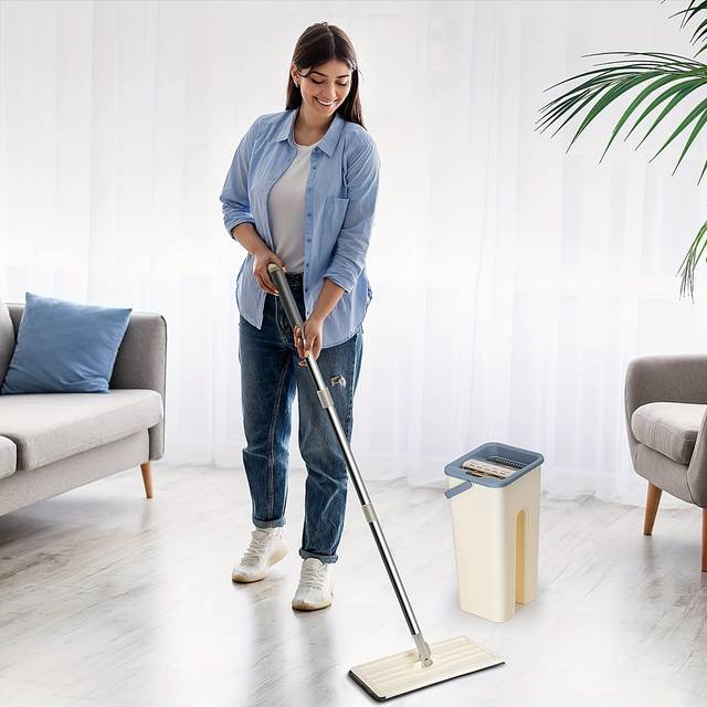 TEMU Sturdy And Strong Floor Mop And Bucket Set, Easy And Simple Squeeze Bucket Flat Mop With 3-pack Replacement Machine Washable Microfibre Mop Pads For Types