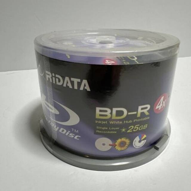 Ritek Ridata Blu-Ray (BD-R) White Inkjet Hub Printable 4X BD-R Media 25GB 50 Pack in Cake Box (BDR-254-RDIWN-CB50)