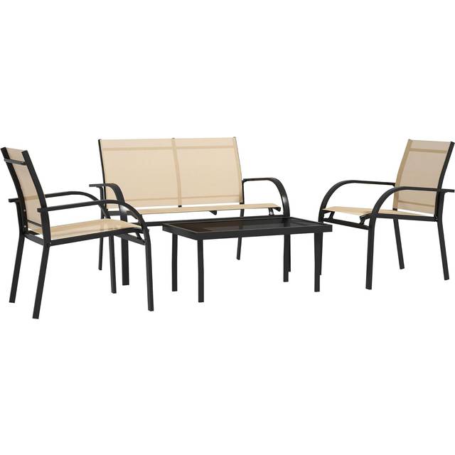 Outsunny 4 Pcs Curved Steel Outdoor Furniture Set w/ Loveseat - 2 Texteline Seats,Glass Top Table Garden Balcony Patio Furniture For Family Party Eve