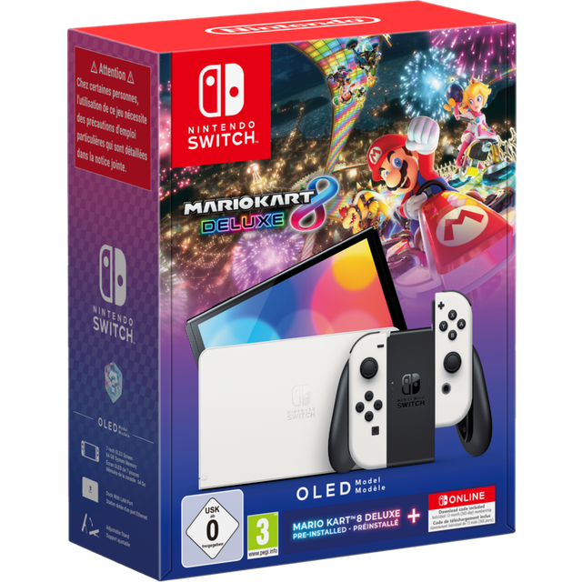 Nintendo Switch – OLED Model (White) + Mario Kart 8 Deluxe + Nintendo Switch Online Individual 12-Month (365-Day) Membership + Mario Kart 8 Deluxe: Booster Course Pass Set
