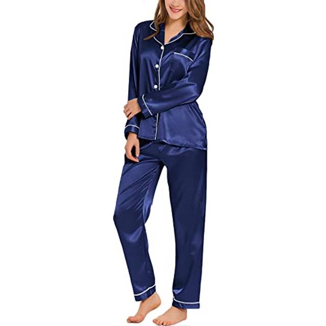SWOMOG Womens Silk Satin Pajamas Long Sleeve Loungewear Two-piece Sleepwear Button-Down Pj Set Navy Blue