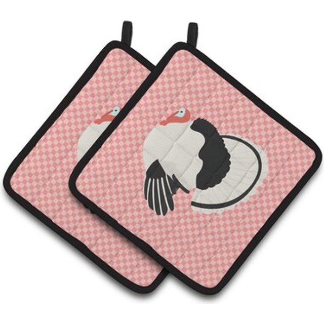Caroline's Treasures Royal Palm Turkey Pink Check Decorated Pot Holder  7.5 x 7.5