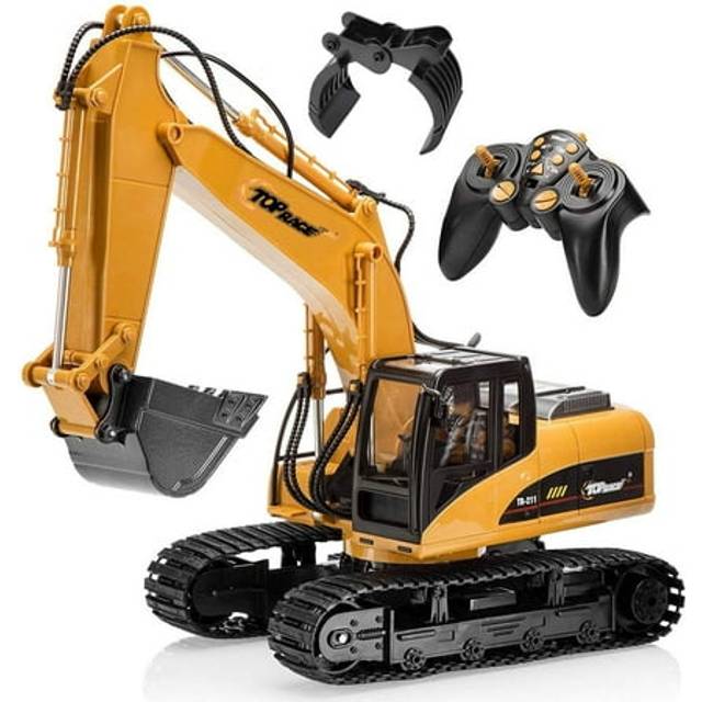 Top Race Remote Control Construction Excavator with Grapple Fork and Shovel Tractor Toy - 15 Channel 2.4Hhz Fully Functional Digger for Kids Ages