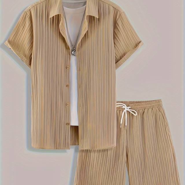 TEMU Men's Casual Polyester Sweatsuit Set, Lapel Collar Shirt With Matching Shorts, Summer Solid Color Lash Sets With Stretch Woven Fabric - 2 Piece Outfit