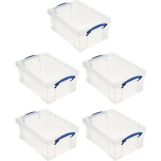 Really Useful Box Stackable 9 Liter Plastic Storage Container Bin with Snap Lid and Built-In Clip Lock Handles for Home & Office Organization (5 Pack)