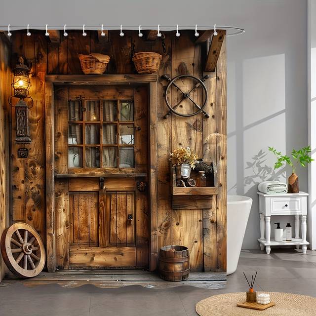 TEMU Rustic Farmhouse Shower Curtain - Vintage Wooden Door & Lantern Design, Washable Polyester, Use, Bathroom Decor, Bathroom Curtains | Vintage Door Design | Durable Shower Curtain, Bathroom Decor