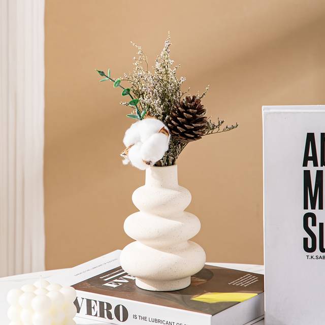 TEMU Modern Boho Ceramic Vase - Geometric Spiral Design Nordic Minimalist Vase For Pampas Grass, White Ceramic Centerpiece For Dining Room, Living Room, Wedding & Entryway Decor, Vases Home Decor