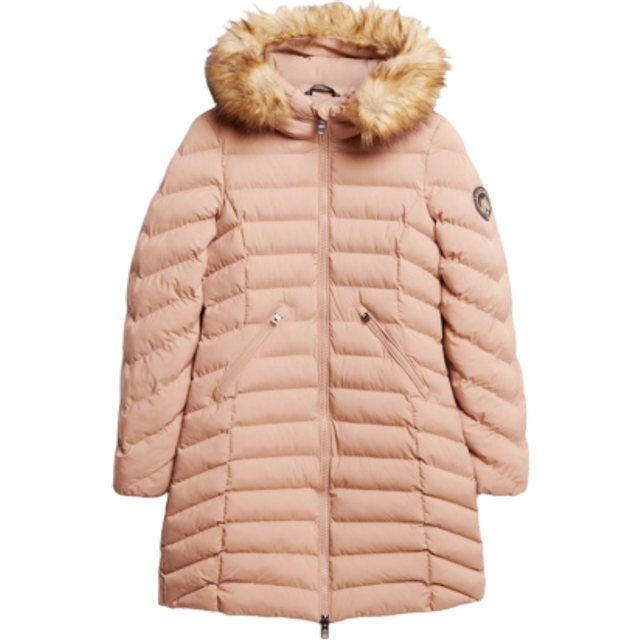 Superdry Fuji Faux Fur Hood Mid Length Coat, Winter Taupe