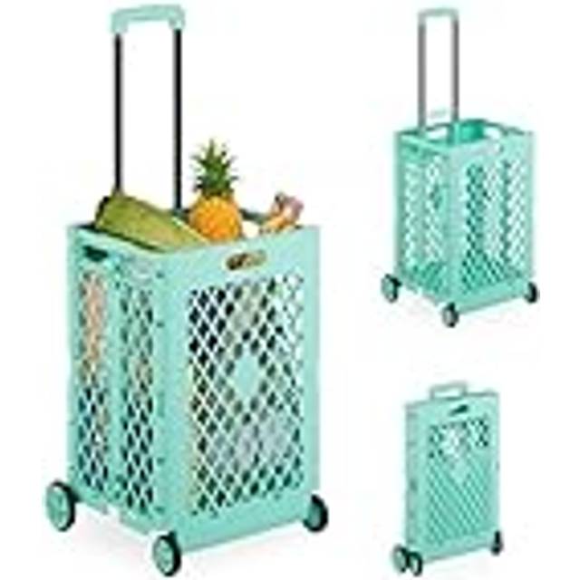 Foldable Shopping Trolley, Collapsible Basket on Wheels, 25 kg Capacity, Telescopic Handle, Mesh, Turquoise - Relaxdays