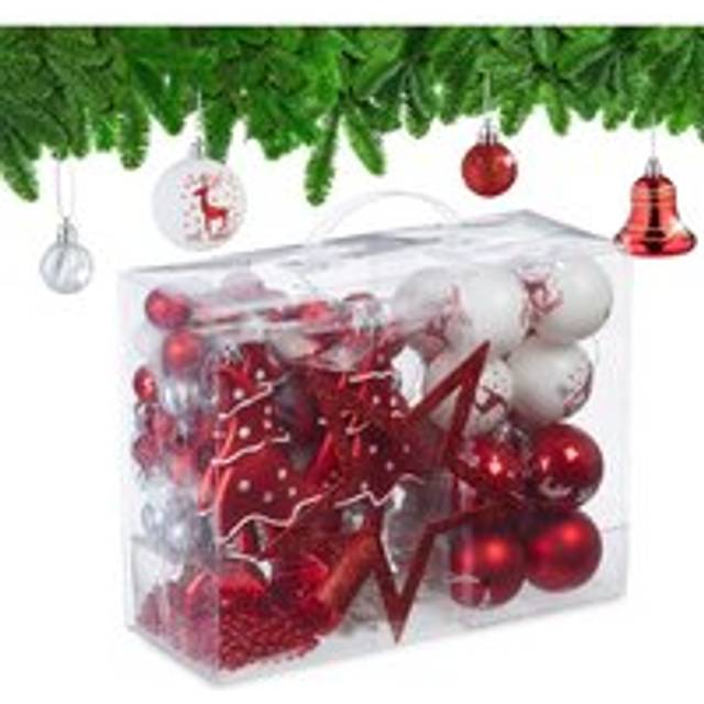 Relaxdays - 103x Christmas Ornaments, Plastic, Tree Decor, Balls, Bells, Lace & Beads, Glittery, Matt & Shiny, Red/White