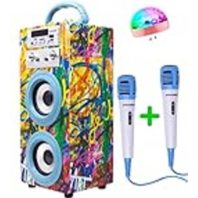 DYNASONIC - Bärbar Karaoke-maskin med 2 mikrofoner, Bluetooth-högtalare, ljus, USB- och SD-spelare, present till barn 5–13 år (modell 22)