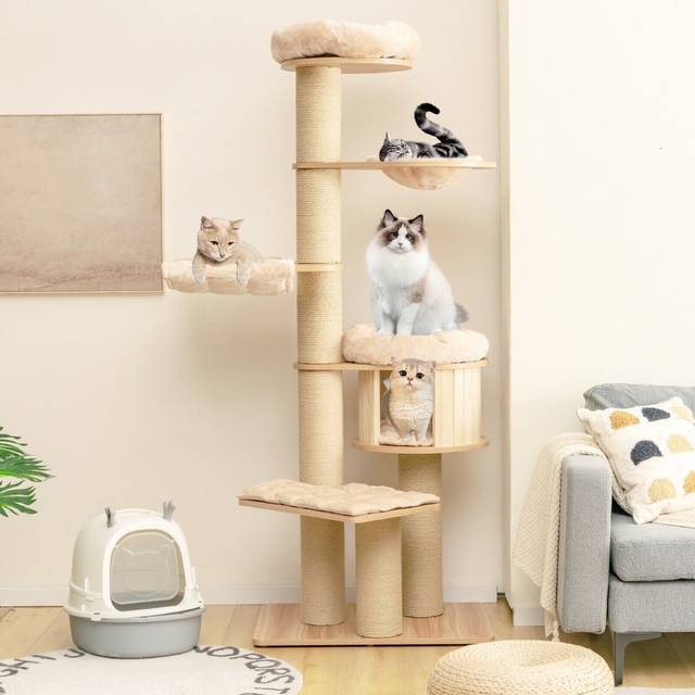 197 Cm Tall Cat Tree Multi-Level Wooden Cat Tower Activity Center W/ Top Perch - Brown (75.06cm H)