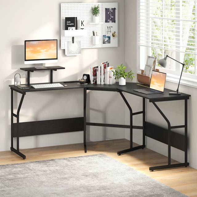 Zafiro 225cm W L-Shaped Computer Desk - Black (29.13cm H X 225cm W X 18.9cm D)