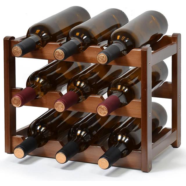 Wine Rack, 3 Tier 9 Bottles Wine Holder Free Standing, Wooden Wine Bottle Holder Wine Display Shelves for Cupboard Home Kitchen Pantry Wine