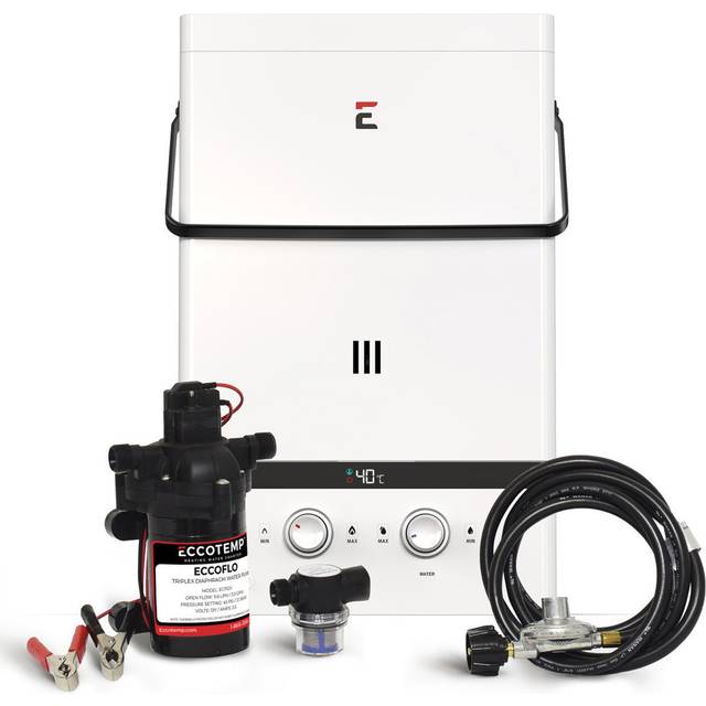 Eccotemp Luxé 10 LPM Portable Tankless Water Heater w/ EccoFlo 12V Pump & Strainer, 30 mbar - Natural (60cm H X 35cm W X 18.4cm D)