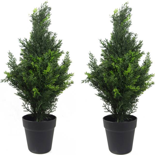 Topiary pair artificial cedar cypress trees 60cm green uv resistant 280 leaves