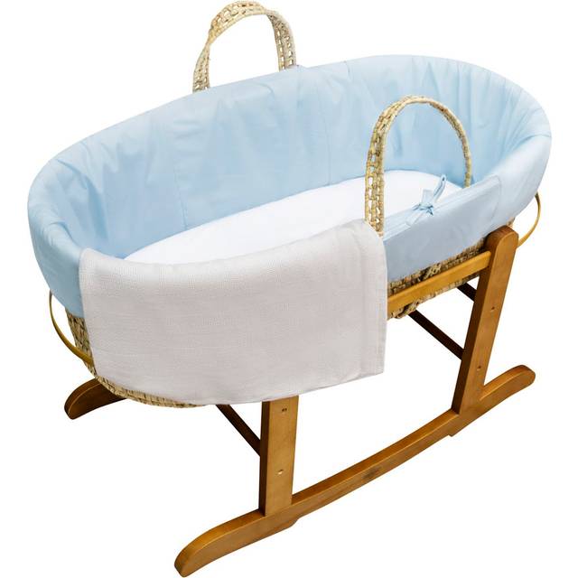 Kinder Valley - First Baby Bed Bundle Hand-woven Blue Palm Moses Basket with Deluxe Natural Rocking Stand, Flat Fitted sheet and Grey Cotton Cellular