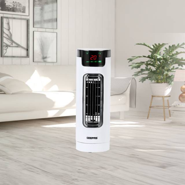Geepas Mini Tower Fan with Remote Control, 7.5 Hour Timer, 3 Speed - White (14cm H X 39cm W X 13cm D)