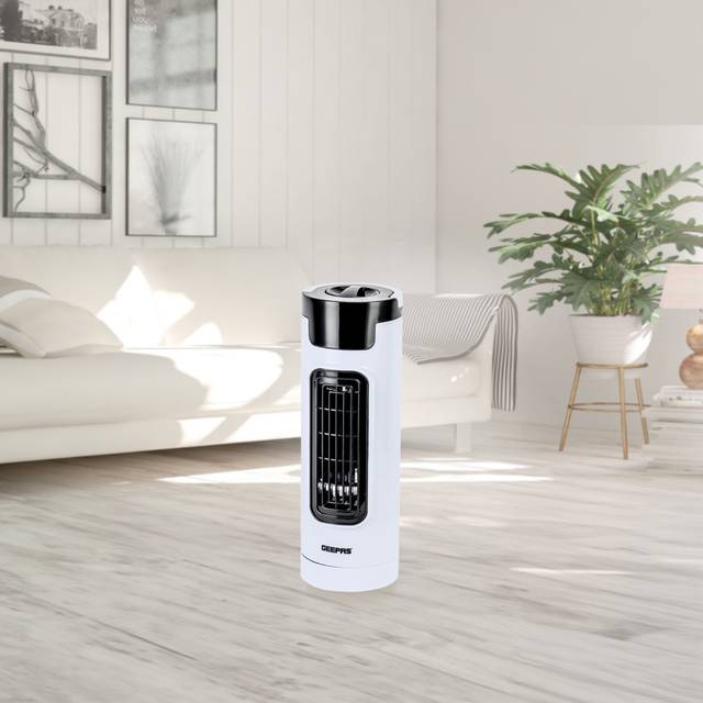 GEEPAS 30W Mini Tower Fan Portable Oscillating Cooling 3 Speeds With 7.5H Timer - Black;White (14cm H X 39cm W X 13cm D)