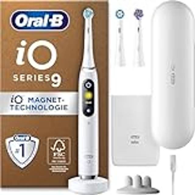 Oral-B iO Series 9 Plus Edition Elektrisk tandborste, plus 3 borsthuvuden inkl. whitening, magnetetui, 7 rengöringslägen, återvinningsbar förpackning, present till man/kvinna, vit