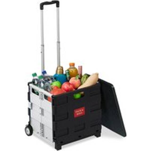 Relaxdays Shopping Trolley, Foldable, Basket with Wheels, Lid & Telescopic Handle, up to 35kg, Cart, Basket, Black/White