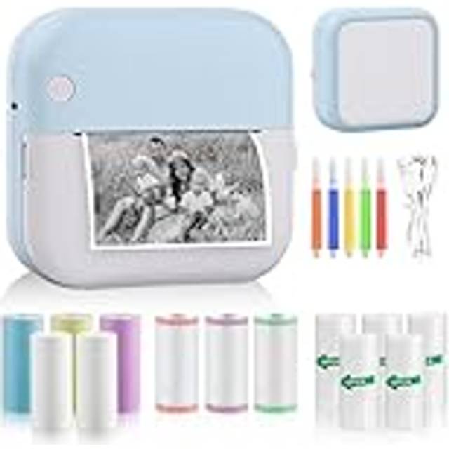 GuKKK Miniskrivare, mobil fotoskrivare, bärbar minifotoskrivare, trådlös fotoskrivare, termoskrivare, med 13 rullar skrivarpapper och 5 färgpennor, smartphone Bluetooth-skrivare, för lista, dagbok