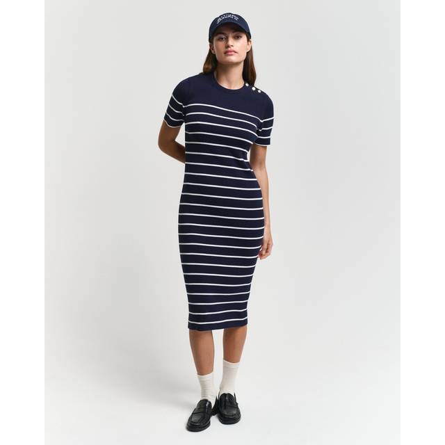 Navy/ White Striped Ribbed Breton Dress - Blue (S)