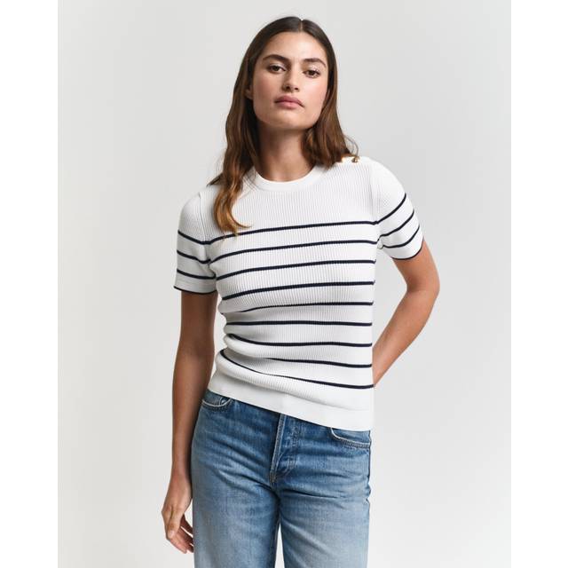 GANT Dam Ribbstickad tröja med rund hals och marina ränder (S)