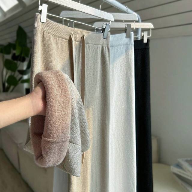 Franclia New Women&#39;s High Waist Drawstring Casual Straight Wide Leg Pants, Thick Thermal Lined Knit Trousers