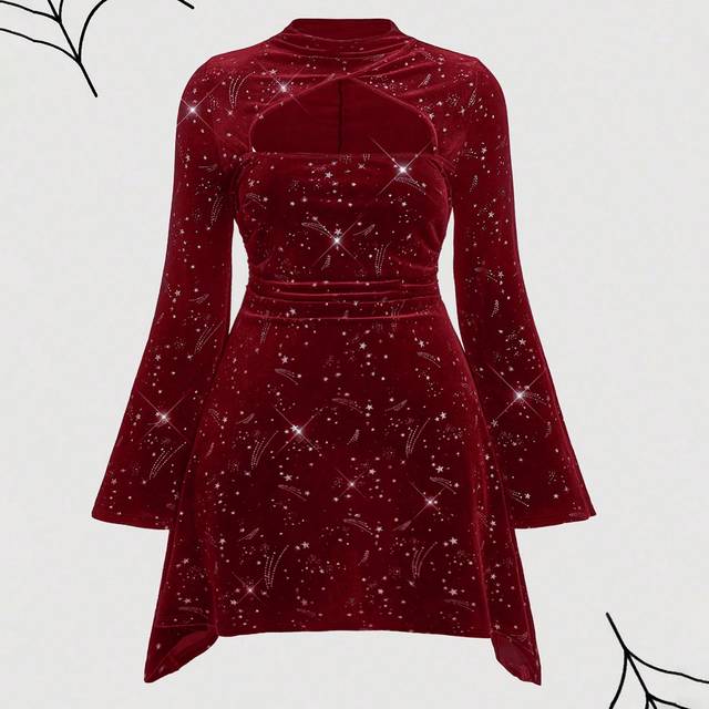 SHEIN Plus Size Halloween Navy Blue Velvet Silver Meteor Print Flare Sleeve Asymmetrical Hem Turtleneck Dress