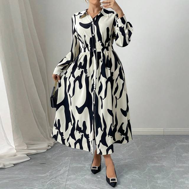 Celure Printed Casual Plus Size Woven Shirt Collar Long Sleeve Slim Fit A-Line Dress For Women Maxi Women Outfit